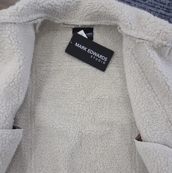 Mark Edwards Studio Brown and Cream Shearling Lined Aviator Vest Size S - Picture 9 of 10